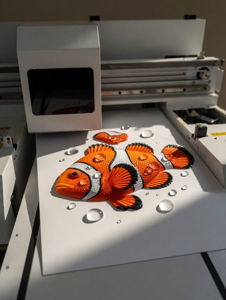 Industrial printer with white casing printing colorful clownfish design on white paper with bubble embellishments