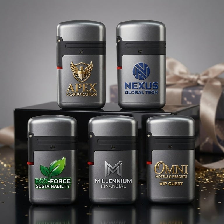 Five black and silver branded lighters arranged in rows with company logos including Apex Corporation, Nexus Global Tech, Eco-Forge Sustainability, Millennium Financial, and Omni Hotels
