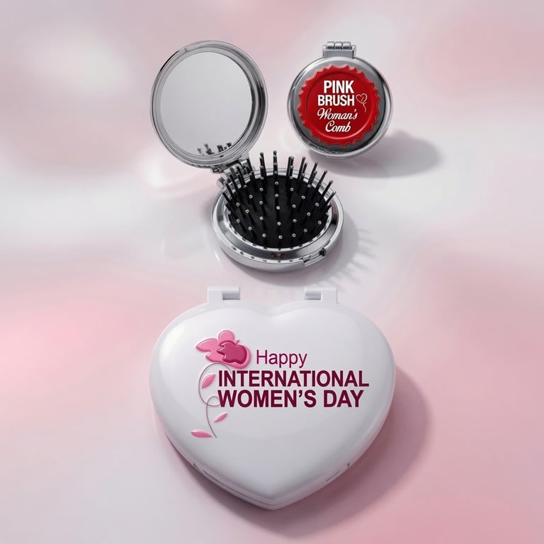Heart-shaped compact mirror set with brush and pink brush cream for International Womens Day gift on pink background