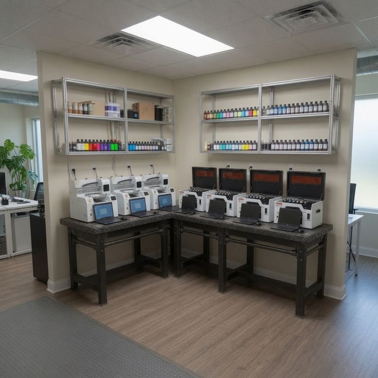 Retail display of makeup and skincare products with shelves of colorful bottles and demonstration stations featuring computer monitors and product samples