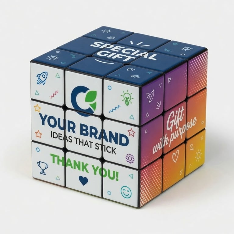 Branded Rubiks cube with company messaging including Your Brand Ideas That Stick and Thank You printed on colorful faces