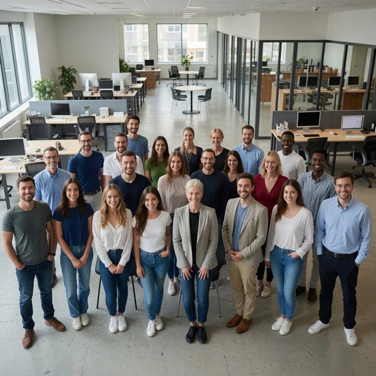 Diverse group of office employees standing together for a team photo in a modern, open-plan workplace