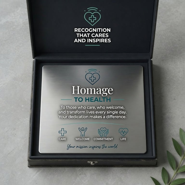 Engraved metal plaque in black box titled Homage to Health with inspirational message and four health-related icons