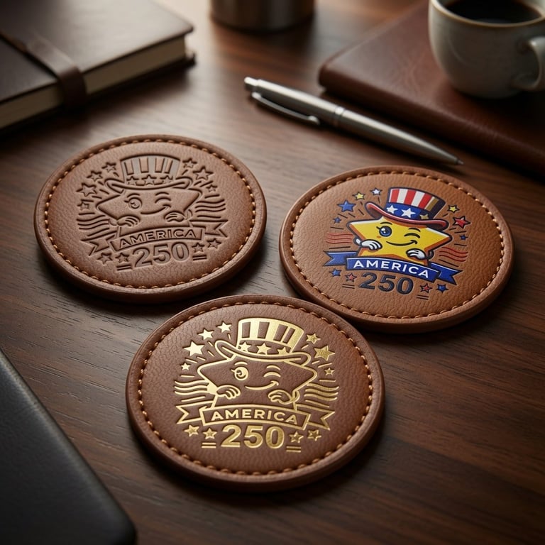 Three leather coasters with embossed patriotic American designs and 250 denomination on a wooden desk with notebook and coffee mug