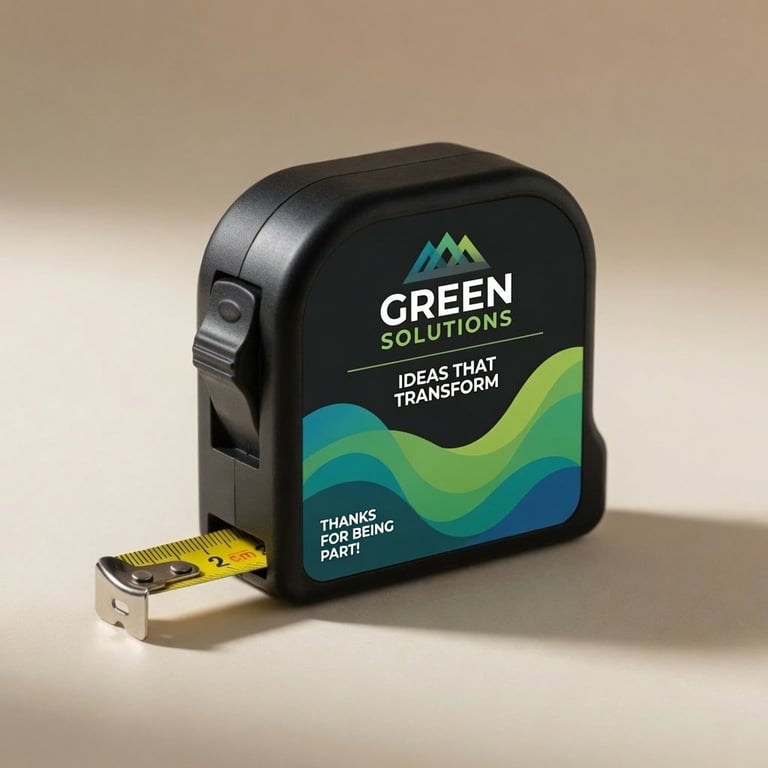 Black tape measure branded with Green Solutions logo featuring mountain and wave design, partially extended on neutral background